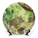 LIGUTARS Decorative Plates, Animal Decor Print Ornament, Leopard on The Branch in Savanna Exotic Tropical Leaf, 8 Inch, 1 Plate with 1 Display Stand, Brown Green