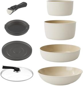 RIOVARM Inducción Juegos de sartenes y ollas, Antiadherente Cerámica Baterías de cocina con asas desmontables, Apilable Menaje de cocina con Tapas, Ahorro de espacio Juegos de sartenes sin PFOA