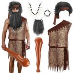 8 Pcs Caveman Costume Set Adult Jungle Costume Include Brown Tunic Kit Cave Bat Wig Beard Fake Tooth for Halloween(M)