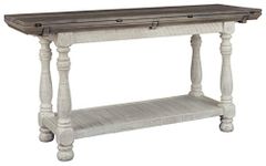 Signature Design by Ashley Havalance Farmhouse Sofa Table, Flip Top Design for Additional Dining Space and Fixed Lower Shelf, Gray & White with Weathered Finish