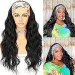 Sapphirewigs Body Wave Headband Wig Synthetic Long Wavy Wig for Women Glueless Black Wigs Natural Looking 150% Density 26inch