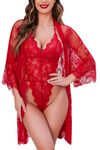 Avidlove See Through Lingerie Robe V-Neck Floral Lace Babydoll Lingerie for Women One Piece Bodysuit Red