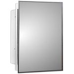 Mirrors and More White Recessed Medicine Cabinet with Mirror Door Panel with Stainless Steel Frame (16" x 22") with Non-Adjustable Shelves, Wall Mounted Bathroom Storage Cabinet