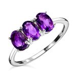 TJC Natural Amethyst Three Stone Ring for Women in Platinum Plated 925 Sterling Silver Size J Prongs Setting Forever Together February Birthstone Metal Wt. 1.05 Grams