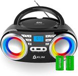 KLIM B3 Portable CD Player - New 2024 - FM Radio CD MP3 Bluetooth AUX USB RGB Lights - CD Boombox - Wired and Wireless Mode with Rechargeable Batteries - Upgraded CD Laser Lens - Digital EQ - Black