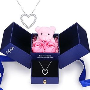 llyish Cadeau pour Femme Rose Éternelle Fleurs Ours Boite Cadeau avec Collier Coeur Idées Cadeaux Noël Fête des Mères Saint-Valentin Anniversaire de Mariage pour Elle Maman Petite Amie