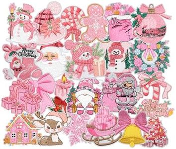HEYTRCO 24PCS Pink Christmas Winter Fesitval Iron on Patches, Cartoon Cute Santa Snow Globe Snowman Bell Embroidered Applique, Custom Snowflakes Patches for Hats, Jackets, Bags, Backpacks, Dress