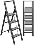 Step Ladder 4 Step Folding, Decorative - Beautiful Gray Wood & Black Aluminum, Ultra Slim Profile, Anti Slip Steps, Sturdy-Portable for Home, Office, Kitchen, Photography Use,by SORFEY