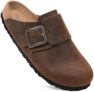 AEROTHOTIC Genuine Leather Clogs for Women with Arch Support Memory Foam Cork Footbed Indoor and Outdoor Adjustable Buckle Potato Shoes Comfortable Mules (Dakota Brown, Size 8-8.5)