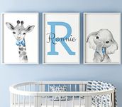 Safari Animals Boys Nursery Bedroom Prints Set of 3, Personalised Name Unframed Wall Art Decor Gift Present in Grey Blue Yellow Green (A4)