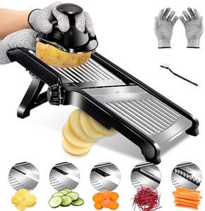 Almcmy Mandoline Slicer, Adjustable Mandoline Slicer Stainless Steel Vegetable Slicer with Cut Resistant Gloves & 1 Cleaning Brush, Vegetable Cutter Potato Slicer Mandoline Julienne Slicer