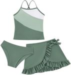 Weixinbuy Girls Swimsuits Bikini Set 3 Piece Swimsuit Bathing Suit with Cover Up Skirt Summer Beach Swimwear Bikini for Girls, Green, 11-12 Years