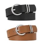 WHIPPY 2 Pack Women's Leather Belts for Jeans Dresses, Fashion Silver Buckle Ladies Waist Belt, Black+Brown, S:Fit Waist Size 25-31 inches