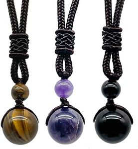 Purekay 3 Tira Cadena de la Suerte Obsidiana Ojo de Tigre Amatista Piedra Perla Colgante Ajustable Curación Amuleto Chakra Natural Colección Unisex