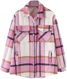 Lviefent Womens Casual Wool Blend Plaid Flannel Shackets Jacket Button Down Shirt Coat (Pink, Small)
