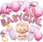 Baby Shower Decorations Girls, Pink Gender Reveal Decoration with Girl Balloon/BABY GIRL Balloon Banner/5 Confetti Balloons/5 its a girl Balloons/Baby Bottle Foot-shaped Foil Helium Balloons/Ribbon