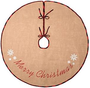 MACTING Christmas Tree Skirt 48 Inch Large Burlap Tree Mat with Red and Black Plaid Buffalo Edge Merry Christmas Printed for Country Holiday Indoor Home Party Xmas Tree Decorations