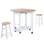 HOMCOM 3PC Wooden Kitchen Cart Mobile Rolling Trolley Folding Bar Table Two Stools Dining Chair Storage Shelf w/2 Drawers & 6 Wheels