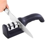 OLWICK® 1 PCS Kitchen Knife Sharpener, Manual Sharpening Professional, 3 Stage Knife and Scissors Sharpener with Non-Slip Base Tungsten Steel,Fine Ceramic and Ceramic for Home Kitchen. (Black)