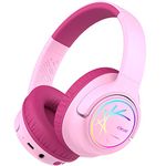 iClever Kids Headphones Wireless with LED Lights, BTH18 Safe Volume 74/85/94dBA, 43H Playtime, Stereo Sound, USB-C, AUX Cable, Bluetooth5.3 Over Ear Kids Headphones Wireless for Tablet/Travel, Pink