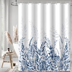 BESBESME Boho Mid Century Shower Curtain Set, Waterproof Fabric for Bathroom Decor Bathtub Modern Machine Washable Weighted Hem Shower Curtain with Hooks, Blue Eucalyptus, 72"x84"