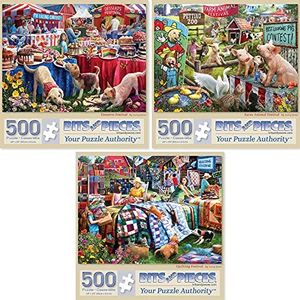 Bits and Pieces - Value Set of Three (3) 500 Piece Jigsaw Puzzles for Adults - Each Puzzle Measures 18" x 24" - 500 pc Desserts, Farm Animal, Quilting Festival Jigsaws by Artist Larry Jones