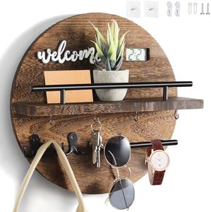 LEIRUOTM Key Holder for Wall, Key and Mail Holder Organizer with - Key Holder Wall Mount - Round Wooden Rustic Home Decor for Entryway, Mudroom, Hallway, Kitchen Office (Brown)