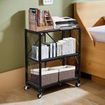 iBELL FS310M Multi-Purpose Foldable Storage Rack with Wheels, 3 Tier Cart for Kitchen, Living Room, Office (Black)