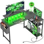 Cyclysio L Shaped Desk with LED Light, 47" L-Shaped Gaming Desk with Power Outlets, Reversible Computer Desk with Storage Shelves, Corner Desk with Storage Bag for Home Office, Study, Gaming, Black