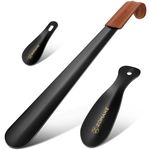 ZOMAKE Metal Shoe Horn 3Pcs - 16.5 inch Shoehorn Long Handled with Leather Handle for Seniors Men Women - 7.5&3.9 inch Stainless Steel Shoe Horns with Hook(Black)