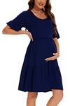 Smallshow Women's Maternity Short Sleeve Summer Dress O Neck Casual Ruffle Pregnancy Clothes Navy M