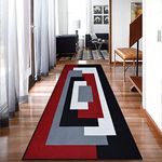 B&B Large Runner Rug for Hallways - Thick Non Slip Flat Woven Geometric Pattern Classical Indoor Carpet Runner Mat for - Kitchen Hallway Hall Bedroom Living Room, 80 x 300 cm, Black Red