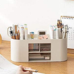 INSTOME Pencil Pen Holder for Desk with 3 Drawers - All-In-One Desk Organizer - Perfect Desk Accessories for Office Use - Stylish & Convenient Desk Organizers and Accessories (Beige)