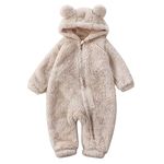 Inc Romper Newborn Infant Baby Girls Boys Cute Solid Long Sleeves Cartoon Bear Ears Fleece Footed Hooded Zipper Romper Warm Footie Jumpsuit Sleeper Pajamas Outfits Baby Clothes (Beige, 9-12 Months)