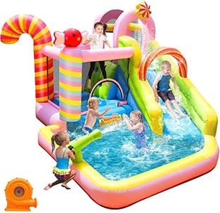 NBSPORT Inflatable Bounce House Water Slide, 6 in 1 Sweet Candy Water Park, Wet Dry Combo Bouncy Castle with 450W Blower, Splash Pool, Water Slide for Kids and Adults Backyard Party Gifts
