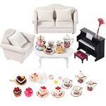 61 Pieces 1:12 Scale Dollhouse Accessories Set Dollhouse Food Miniature Dollhouse Living Room Furniture Include Porcelain Tea Kits Mini Kitchen Food Tiny Instrument Piano for Doll Toy House Decor