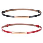 Women's Skinny Patent Leather Belt Adjustable Slim Waist Belt with Gold Buckle for Dress 2 Pack,Waist Size Below 37 Inches,I-Black+Red