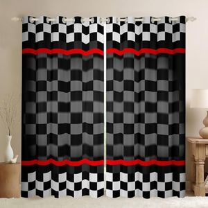 Feelyou Buffalo Check Window Treatments Modern Black White Plaid Window Drapes Kids Grid Design Window Curtains Red Stripe Curtains for Bedroom Living Room with Grommet Decor (2 Panels, 42 x 63 Inch)