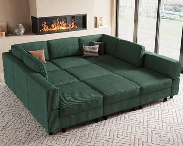 Uteeran 88.6" 9-Seat Modular Sectional Sofa, Convertible Corduroy Sleeper with Deep Storage & Movable Ottoman, Green