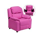 Flash Furniture Deluxe Padded Contemporary Kids Recliner with Storage Arms, Wood, Hot Pink Vinyl, 66.04 x 53.34 x 53.34 cm