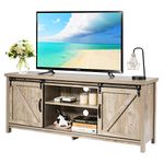 CASART Wooden TV Cabinet, 3 Tier TV Console Table with Sliding Barn Doors and Shelves, Rustic Media Entertainment Center for Living Room Bedroom Office (Grey Wash)