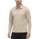 Rdruko Long Sleeve Golf Polo Shirts Mens Breathable Quick Dry Work T Shirts Polyester Smart Casual Tops with Pocket Khaki M