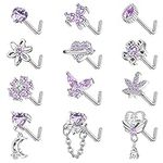 Drperfect 12Pcs 20G Nose Rings L Shaped Nose Studs for Women Stainless Steel CZ Heart Butterfly Flower Leaf Moon Dangle Nose Studs Piercing Jewelry Pink/Purple/Blue/Clear3