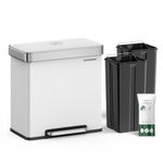 SONGMICS Kitchen, 16 Gallon (2 x 8 Gallon) Dual Compartment Garbage Can, 60L Pedal Recycling Bin, Stay-Open Lid and Soft Closure, Stainless Steel, 15 Trash Bags Included, White ULTB202W01