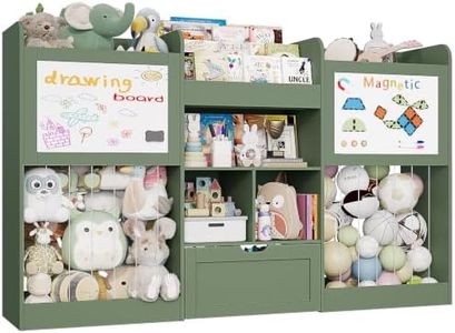 70.8" W Toy Organizers and Storage, 378L Large Stuffed Animal Storage with 3-Tier Bookshelf, 2 Magnetic Drawing Boards and Open Cubbies & Rolling Drawer for 120+ Plush Toys, Playroom Nursery, Green