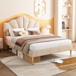 BTM Upholstered Double Bed, 4FT6(135 * 190cm) Double Bed Frame, Shell-like Velvet Bed with Golden Iron Legs & Height-adjustable Headboard, Wooden Slatted Double Bed Frame, Beige