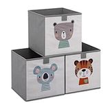 Navaris Kids Storage Cubes (Set of 3) - Organiser Boxes 28 x 28 x 28cm with Animal Designs - Children's Cube Box Set for Toys Bin - Beige Animals