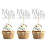 24Pcs Mr Mrs Cupcake Toppers Love Mr Mrs Cake Decorations Silver Glitter Wedding Cucpake Toppers Bridal Shower Cake Decorations Party Supplies