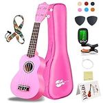 Everjoys Soprano Ukulele Beginner Kit 21 Inch Ukelele w/How to play Songbook Carrying bag Digital Tuner All in One Set (Pink)