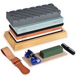 Knife Sharpening Stone Set , Includes 4 Side Grit 400/1000 3000/8000 Whetstone Knife Sharpener Kit,Safe Whetstone Knife Sharpener,Non-Slip Bamboo Base, Angle Guide,Polishing Compound，Leather Strop, Flattening Stone,Razor Strop,Rubber Holder and Honing Guide